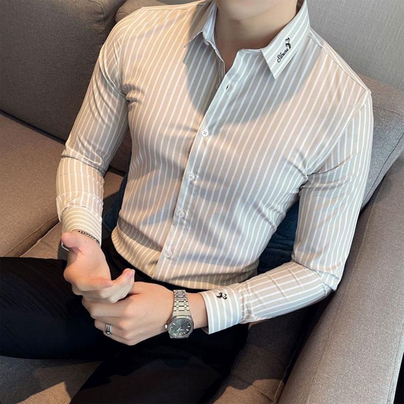 

Business Casual Striped Slim Shirts Spring Autumn Turn-down Collar Men s Clothing Stylish Embroidery Korean Long Sleeve Shirts XL хакі