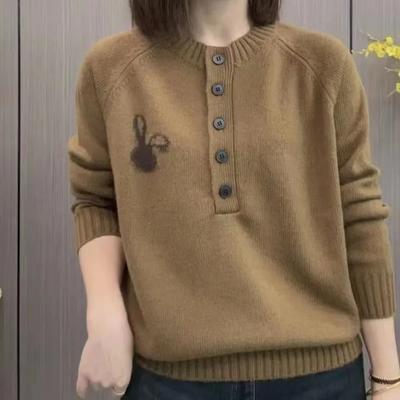 Damen Herbst Knopfleiste Pullover Einfach Pendler Basis Schicht Locker Sitzend Bauchbedeckend Jacquard Oberteil