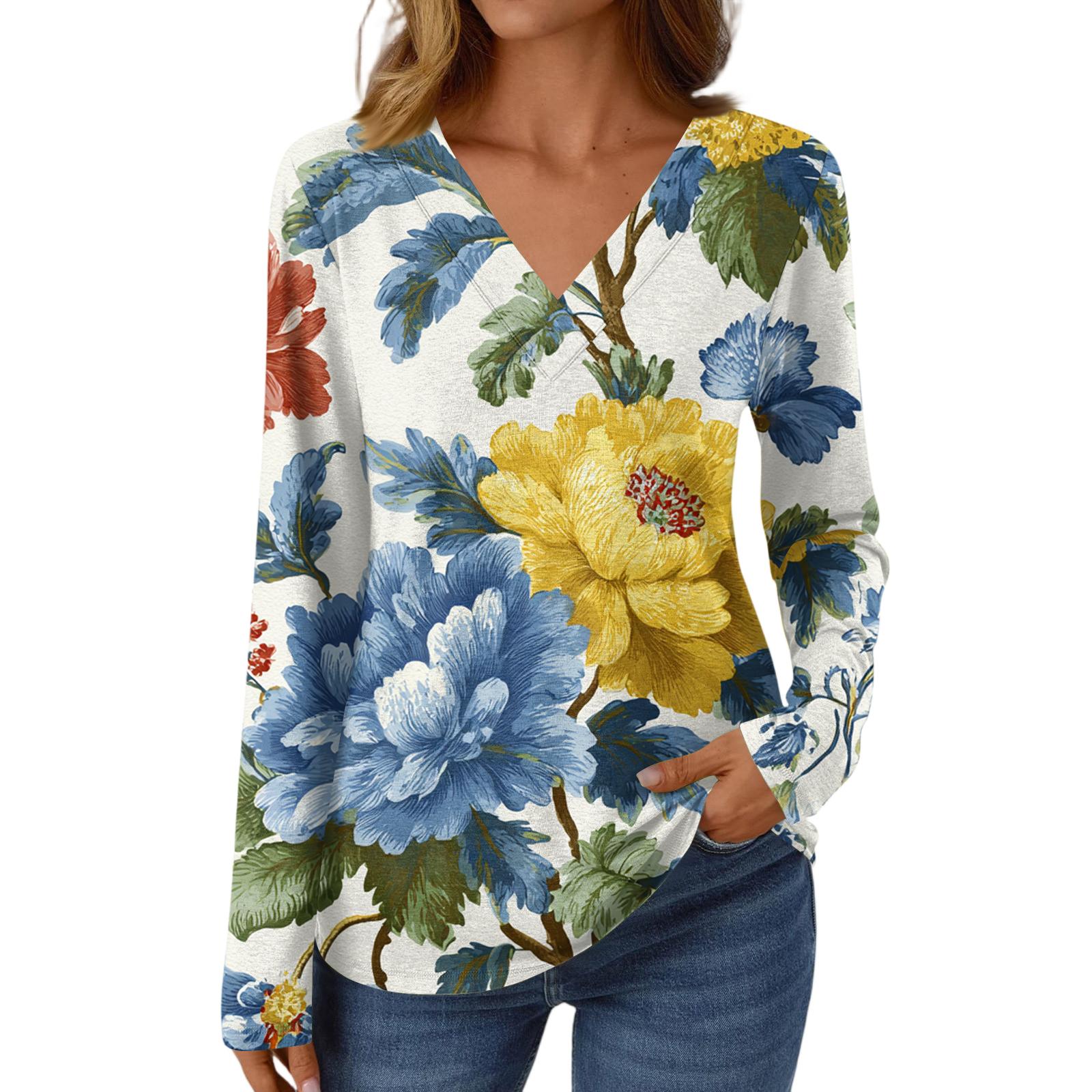 

Женская повседневная модная футболка с длинным рукавом и V-образным вырезом с начесом, в стиле ретро, с цветочным принтом XL белый