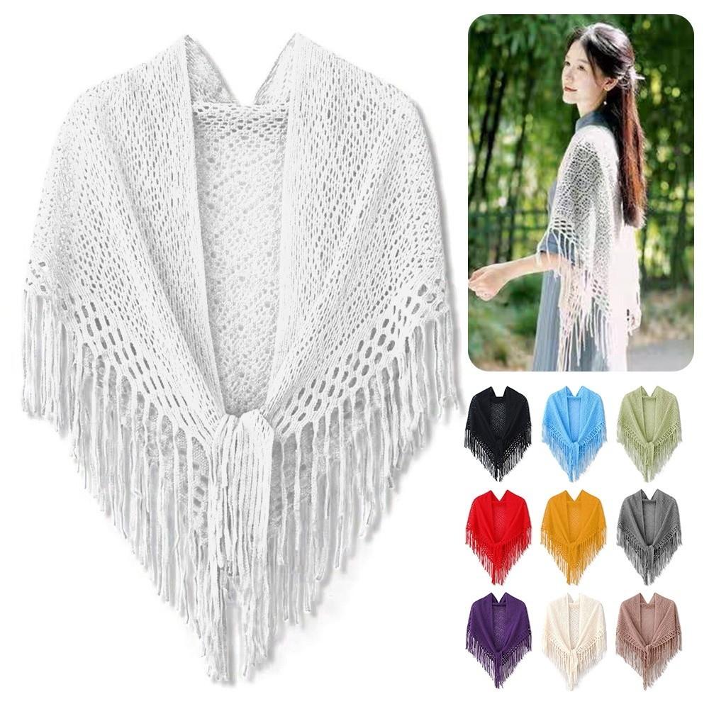 Casual Retro Knitted Shawls Solid Color Versatile Hollow Scarves Breathable Soft Tassels Shawls for Women