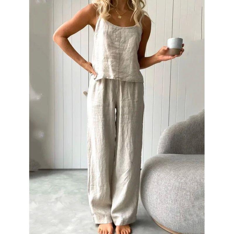 

Sleeveless Camisole Loose Pants Set Solid Sleeveless Sling Loose Pants Set French grey M