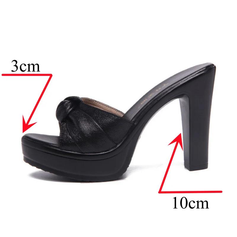 10cm Kleine Größe 32-43 Sommer Knoten Weiches Leder Sandalen Plateau Schuhe 2025 Damen Block Hohe Absätze Pantoletten für Büro Model Party