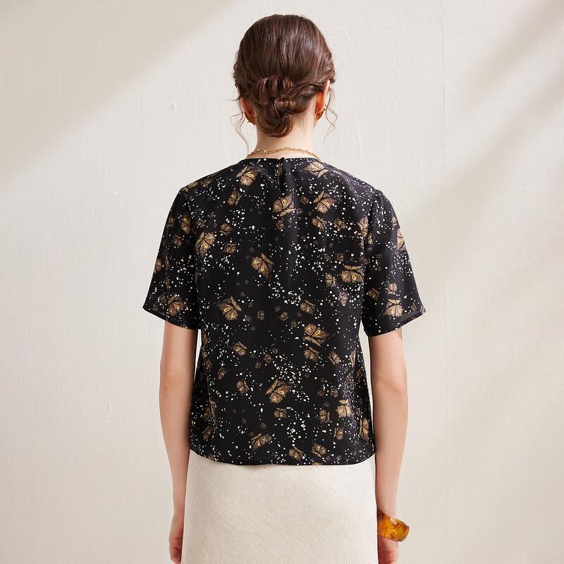 Zhaojun Silk Butterfly Print Drawstring Waist Short Sleeve Top