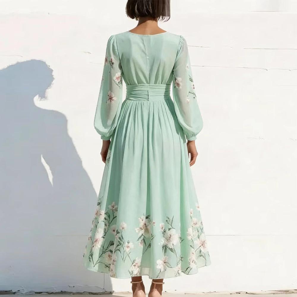 Women's V-Neck Floral Long Sleeve Pleated Dress 2026