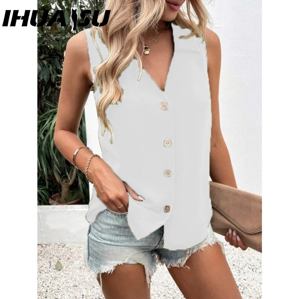 

IHUASU Женские модные повседневные однотонные блузки и рубашки без рукавов с v-образным вырезом и принтом S белый