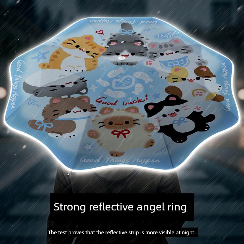 Fish Pond Kitten Children's Umbrella Automatic Female Rain Dual-Use Rounded Corner Folding Umbrella for Primary School Students