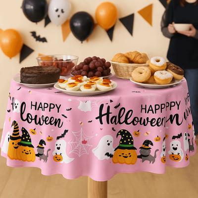 Mantel de Halloween con Patrón de Fantasma de Calabaza Cubierta de Mesa Desechable de Plástico Temática de Halloween Camino de Mesa Rosa Decoración de Mesa