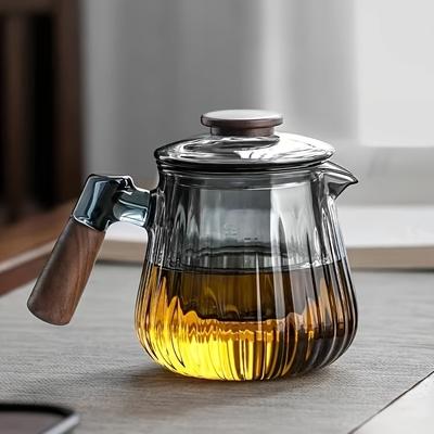 1pc Japanese Household Striped Glass Teapot With Wooden Handle Tea Maker High Temperature Resistant Tea Water Separation Teapot Thickened Filter Pot F