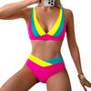 Damen Sexy Farbblock Rückenfrei Hohe Elastizität Dreieck Bikini Badeanzug