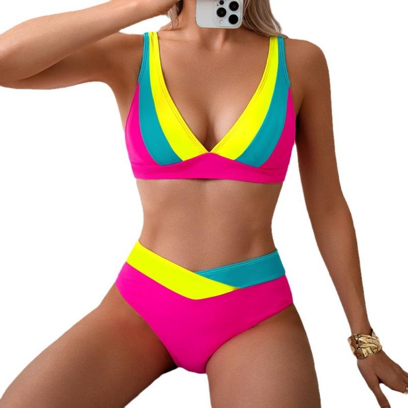 Damen Sexy Farbblock Rückenfrei Hohe Elastizität Dreieck Bikini Badeanzug