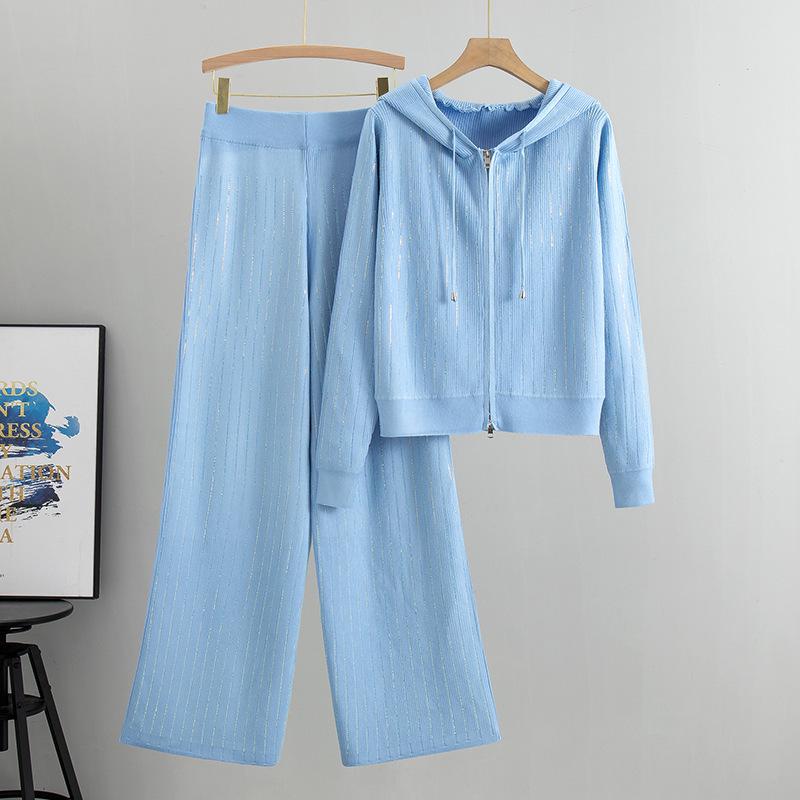 

Женская весенняя мода: Комплект из двух предметов: брюки палаццо и вязаный кардиган с капюшоном One Size синий