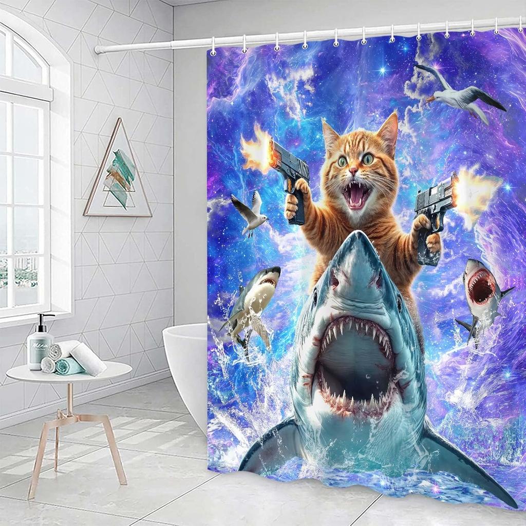 Lustiges Katzen-Duschvorhang-Set, Niedliche Katze reitet Dinosaurier-Thema Ozean-Vorhänge für das Badezimmer, Lustige maritime Kinderdekoration, Polyestergewebe