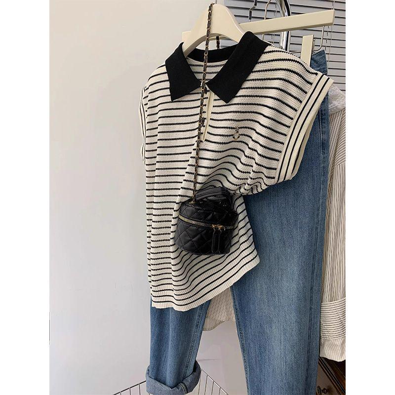 2025 Striped Knit Polo Collar Ice Silk Short Sleeve T-Shirt XL абрикосовый