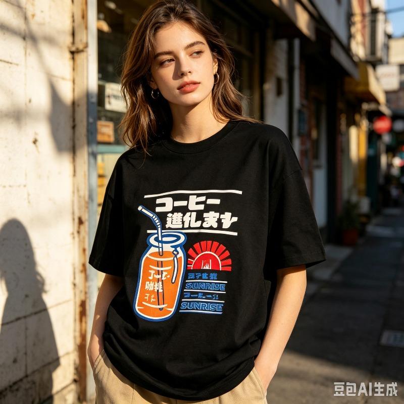 Unisex Streetwear Tshirt Sunrise Drink Bottle Print Japanese Retro Casual Daily Street Top