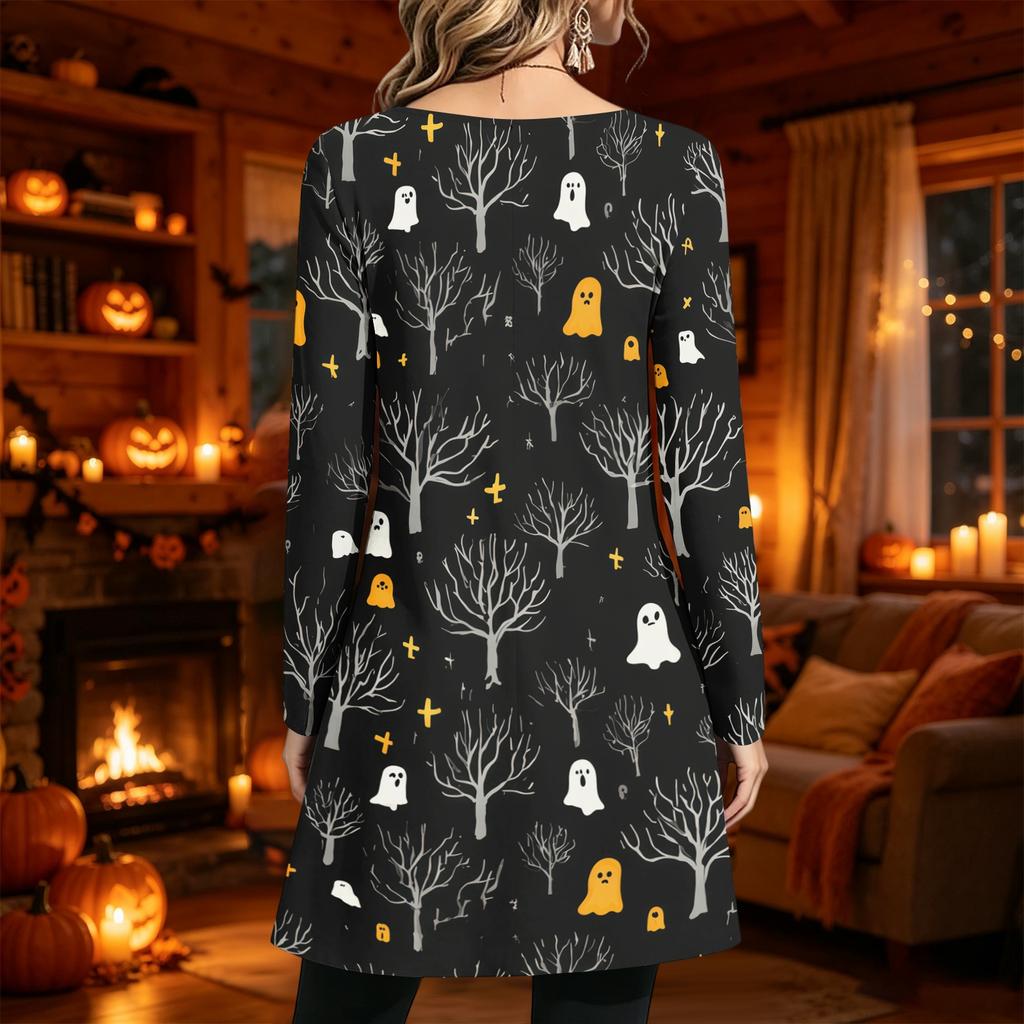Women's Casual Long Sleeve Printed Round Neck Dress for Everyday Fashion