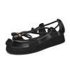 Schwarze Sandalen Herren&Damen Echtes Leder Dicke Sohle Sommerschuhe Höhenzunahme Lässig Strand Flache Plateau-Sandalen Unisex-Schuhe
