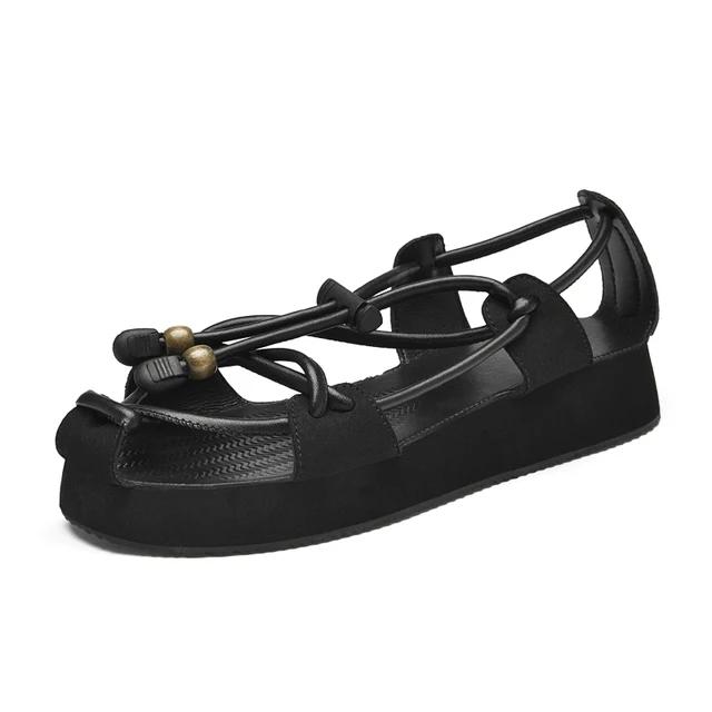 Schwarze Sandalen Herren&Damen Echtes Leder Dicke Sohle Sommerschuhe Höhenzunahme Lässig Strand Flache Plateau-Sandalen Unisex-Schuhe