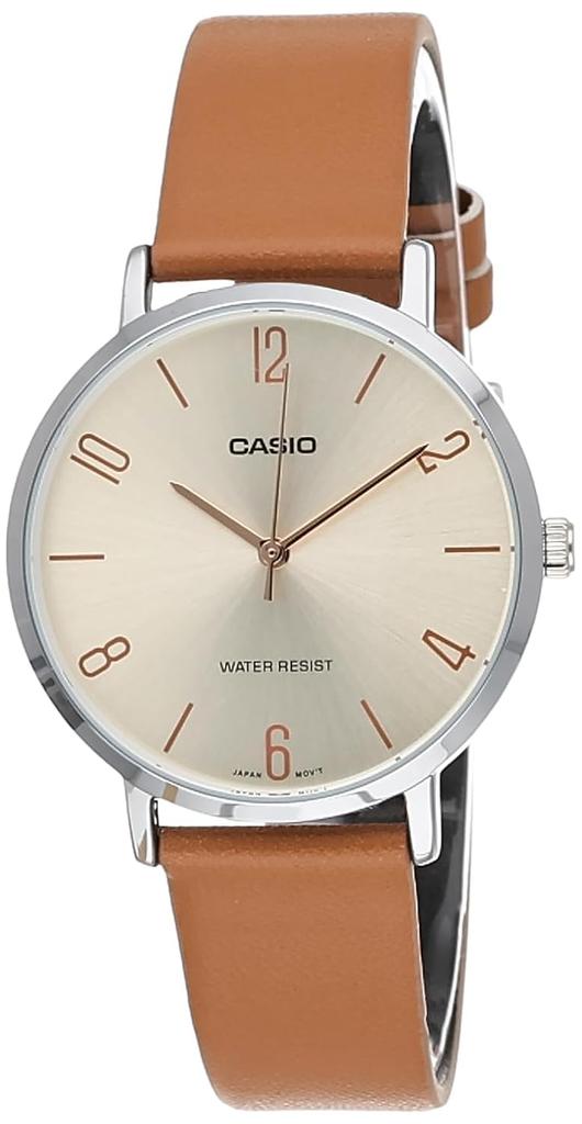 CASIO Minimalist Beige Dial Brown Leather Band Analog Brown LTP-VT01L-5B Women's Watch,
