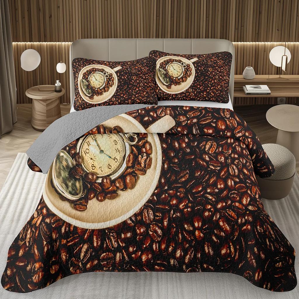 Single Twin Full Queen King Bedspread Set Coffee Bean Coverlet Set,Coffee Theme Bedding Set Coffee Lovers Gifts Room Decorations