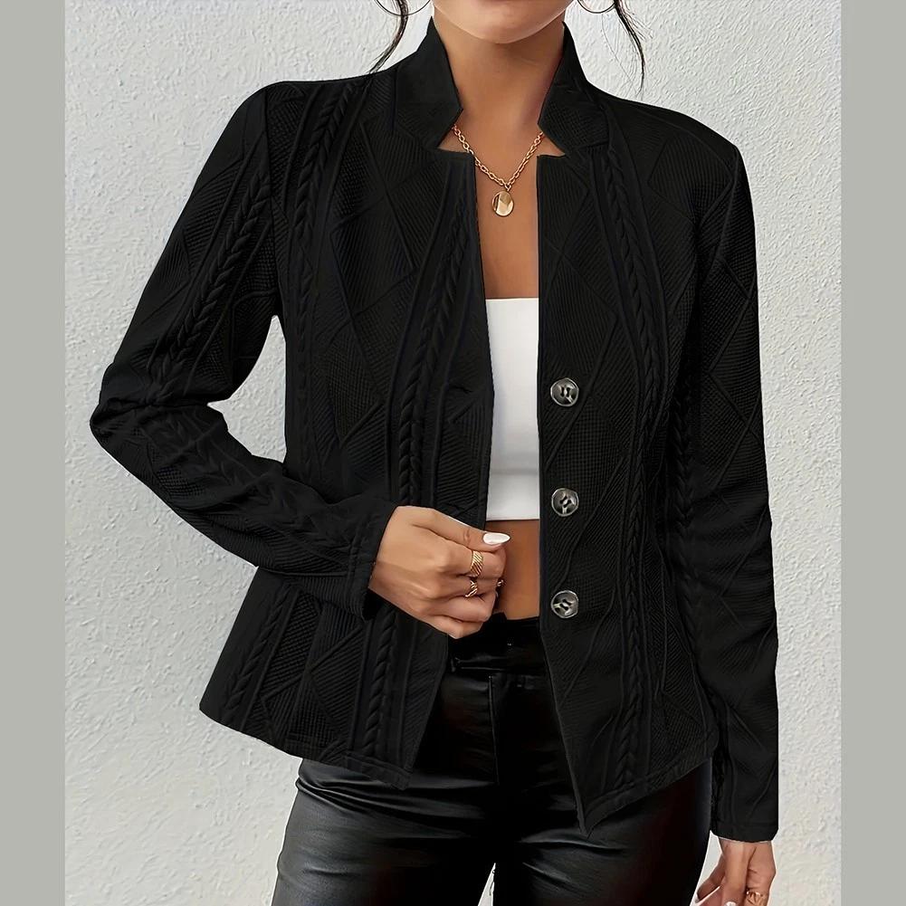 Button Patterned Small Suit Jacket Women for Autumn Winter Casual Blazer