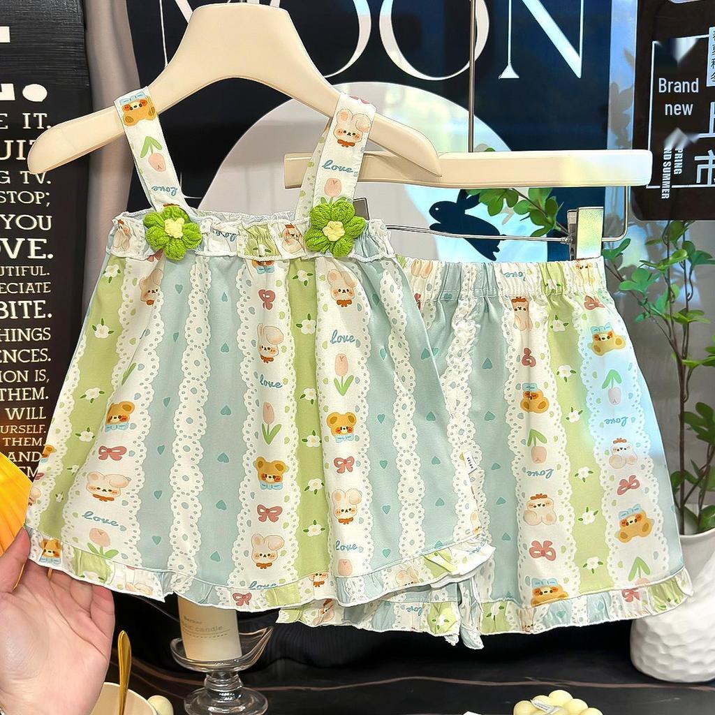 2026 New Korean Style Floral Princess Spaghetti Strap Two-Piece Summer Set for Girls