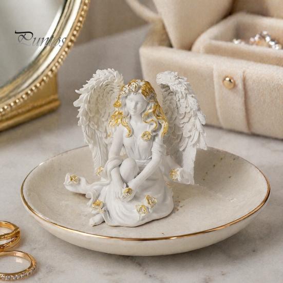Small Angel Figurine Resin Figurine, Half Body Winged Fairy Sculpture with Gold Trim, Matte Warm White Decor Desk for Bedroom Shelf Gift Women