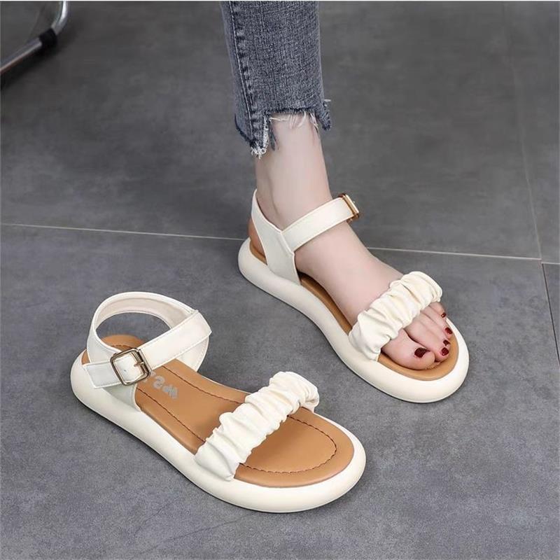 2025 new flat-soled sandals women's summer wear open-toe one-word buckle soft-soled versatile comfortable non-slip beach shoes
