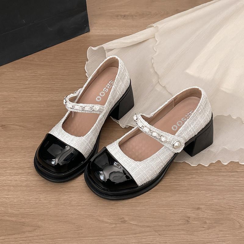 

2026 New Spring Autumn Thick Heel Women Mary Jane Shoes Fashion Chain Buckle Shoes Vintage Platform Height Increase Dress Shoes 35