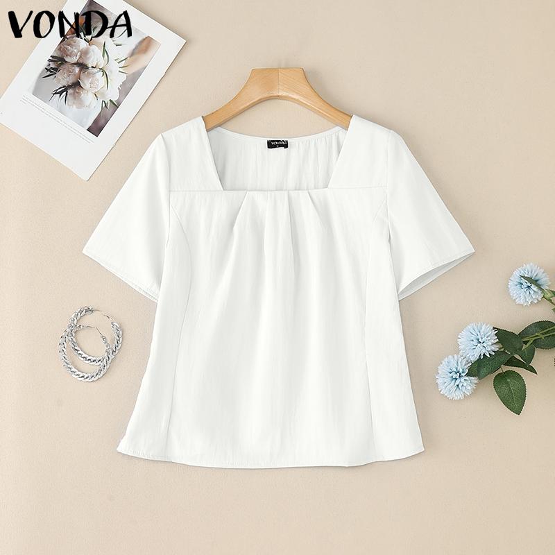 VONDA Women Girls Square Collar Short Sleeve Slim Waist Casual Blouse
