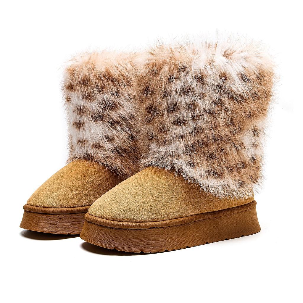 Leopard Print Long Haired High Top Boots for Winter Women, Thick Soled Anti Slip Warm Cotton Slippers, Home Cotton Shoes