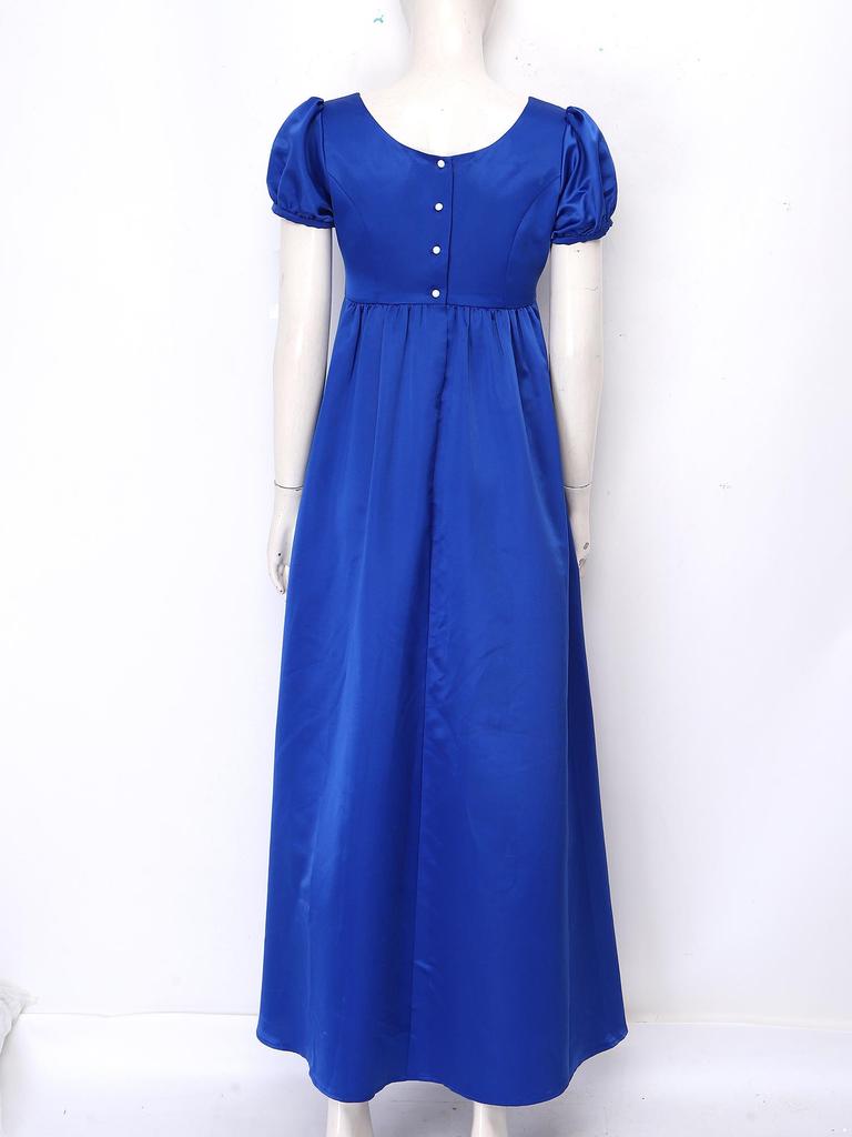 Maxikleid mit quadratischem Ausschnitt und Puffärmeln, mit Kunstperlen, Empire-Taille, Knöpfe hinten, Satin, Regency-Kleid für Damen, Party, Ball