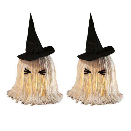 Halloween Hanging Ghost Decoration LED Light Up White Cotton Rope Ghost with Witch Hat for Indoor Outdoor Home Party Decor