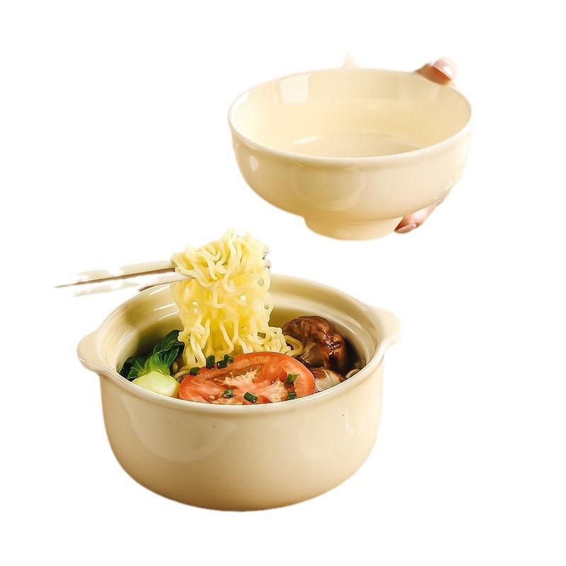 Cream Wind Ceramic Instant Noodle Bowl Creative Student Dormitory Canteen Lunch Box With Lid Spoon Large Bowl Instant Noodle Bowl Set