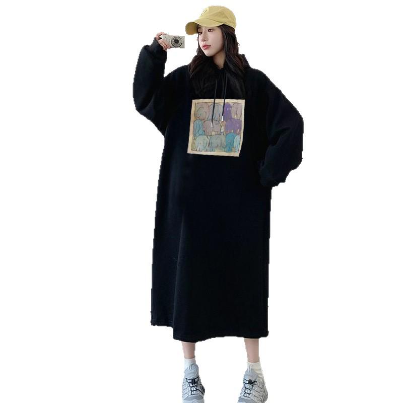 Women's Oversized Hoodie Dress - Long Sleeve, Over-the-Knee, Plus Velvet, Casual Autumn Style