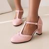 Fashion Women Shoes 2025 High Heels Spring Mary Jane Low Heel Shoes Ladies Buckle Round Head Shoes Pink Blue Black Large Size 34-43