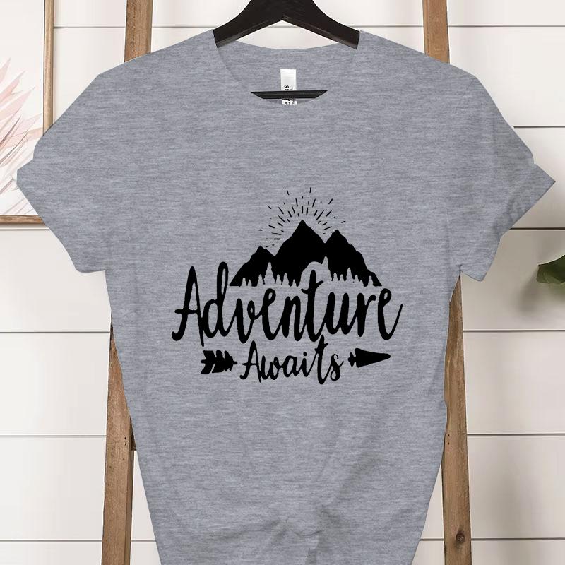 Adventure Awaits Crew Neck Short Sleeve Tshirt Women Mountain Outdoors Hiking Classic Tops Funny Camping Gifts Casual Tshirts