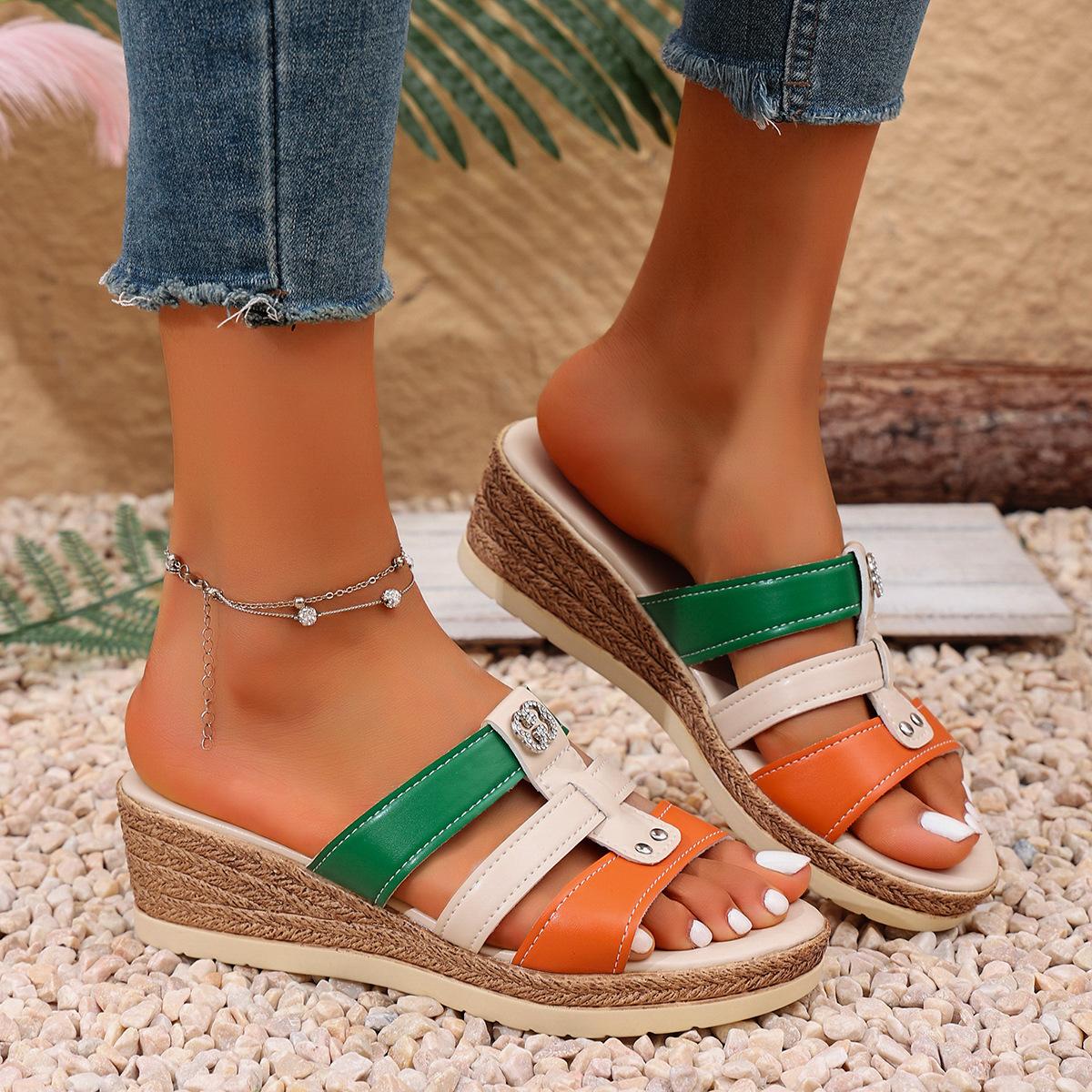 

2025 summer new large size women s sandals slope heel fish mouth beach color matching platform large size sandals 36