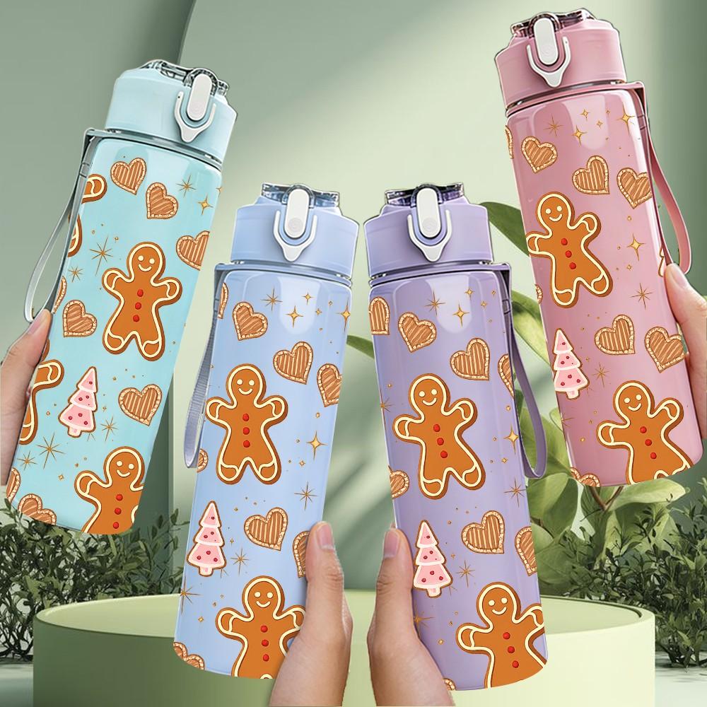 1PC Gingerbread Cookie Xmas Repeat Print 750ml Color Plastic Sports Water Bottle Leakproof Flip Straw Lid Suitable for Sports Office Home Use