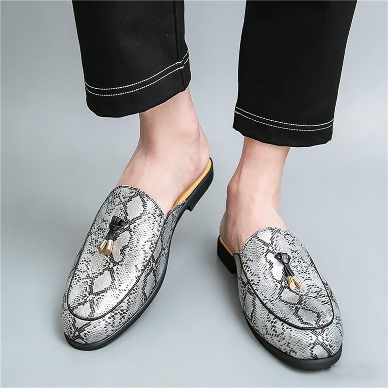 Designer Summer New Men's Snakeskin Pattern Half Slippers Shoes Male Casual Mules Moccasins Breathable Loafers Zapatos Hombre