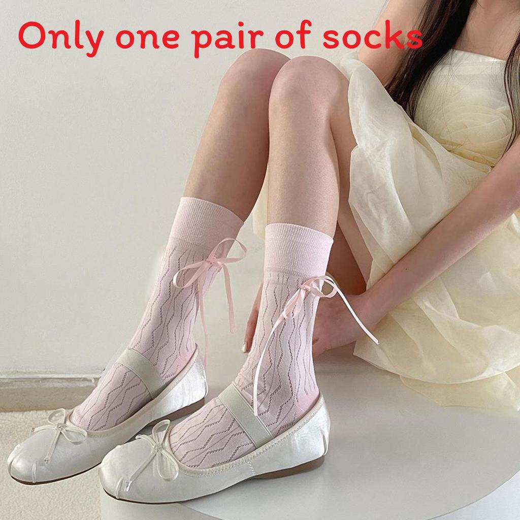 Spring Summer Ballet Style Hollow Out Tied Ribbon Stacking Socks For Girls And Teens