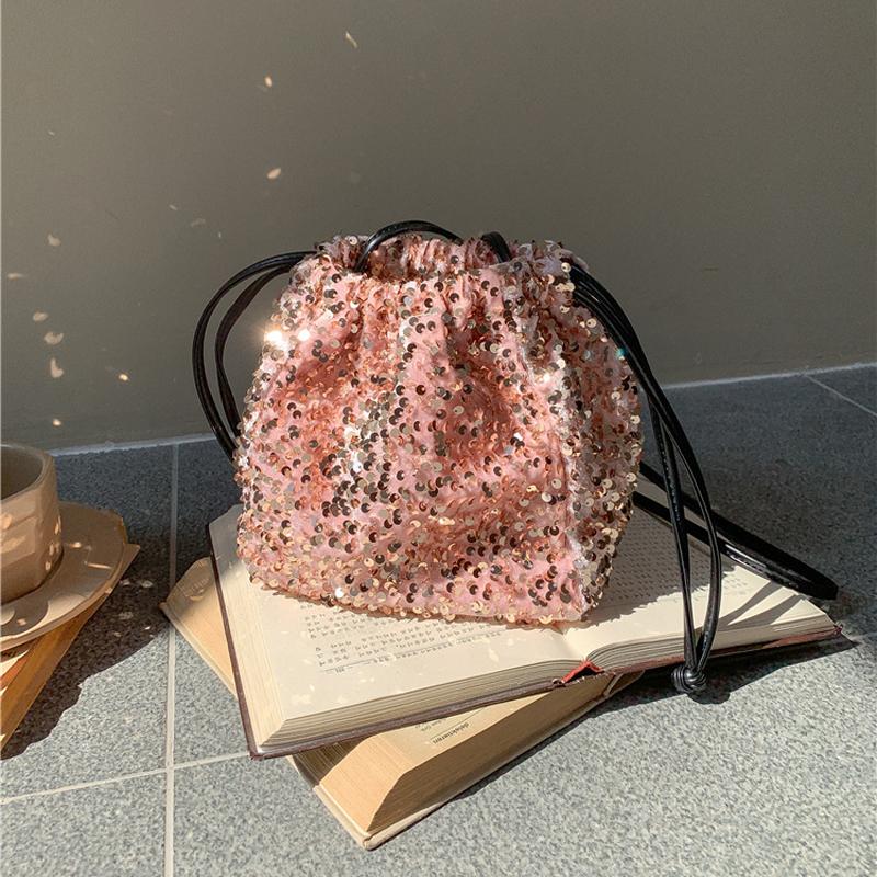 Handheld Bucket Bag, Women's Drawstring Pleated Shoulder Crossbody Bag, Women's Fashionable Colorful Sequin Bag