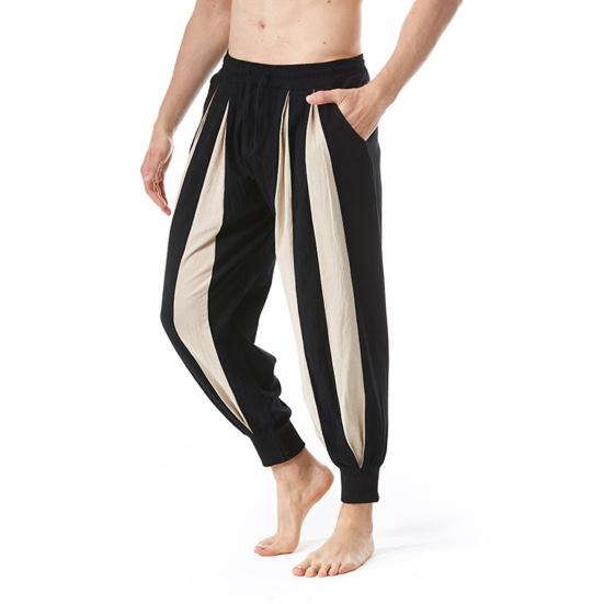 Men Pants Cotton Linen Casual Trousers Loose Fit Elastic Waist Color Block Design Relaxed Fit Long Pants Daily Wear