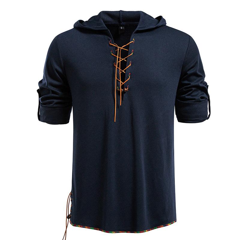Men's Lace-Up Hooded T-Shirt Casual Retro Top for Men Spring Autumn Fashion Adjustable Sleeve Multi-Color Male Blouse