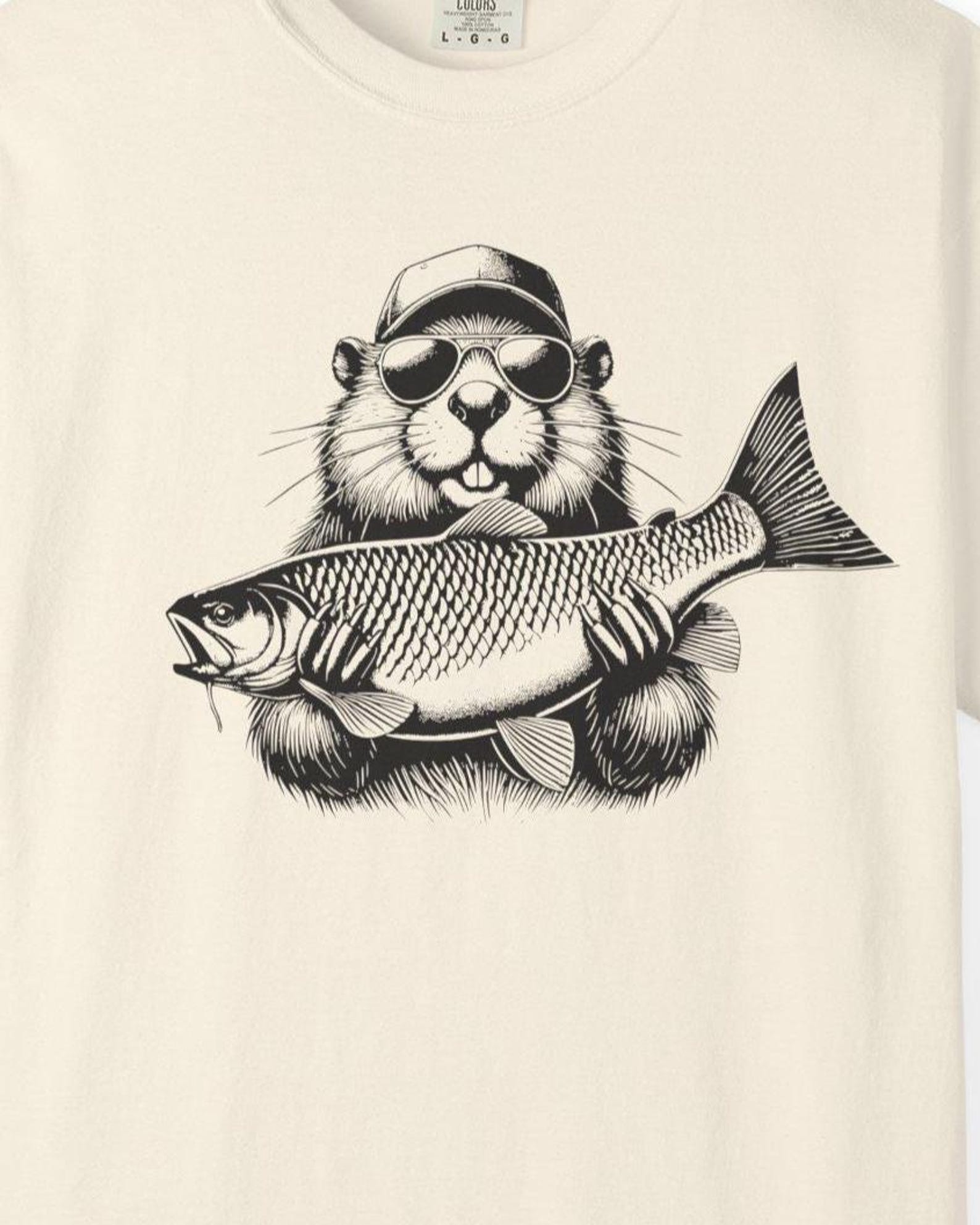 Beaver Fishing Engraving T-Shirt: Funny Angler Wildlife Tee 4XL