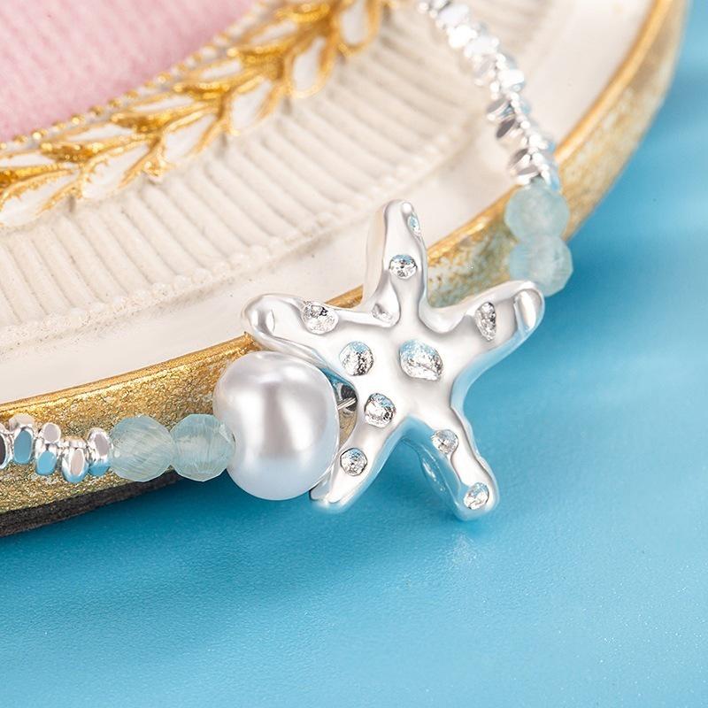 Starfish Beaded Blue Faux Pearl Bracelet - Beach Vacation Jewelry
