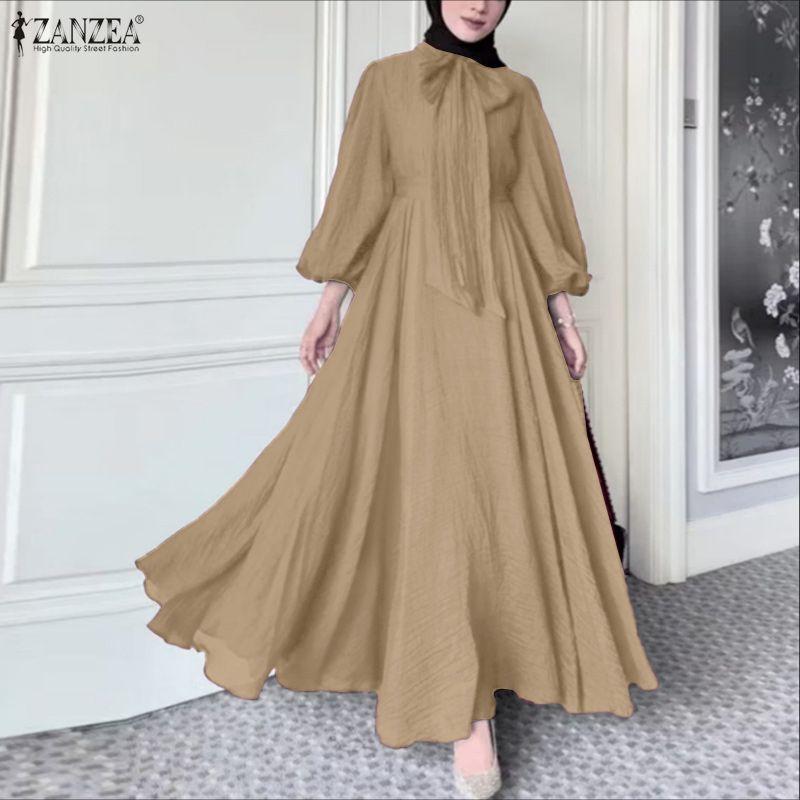 ZANZEA Muslim Women Casual Round Neck Loose Long Sleeve Dress