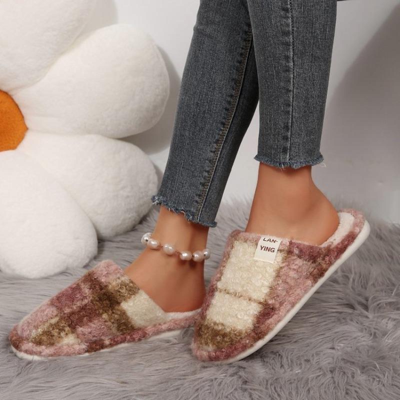 Retro Checkered Cotton Shoes, New Indoor Soft-soled Warm Slippers for Women