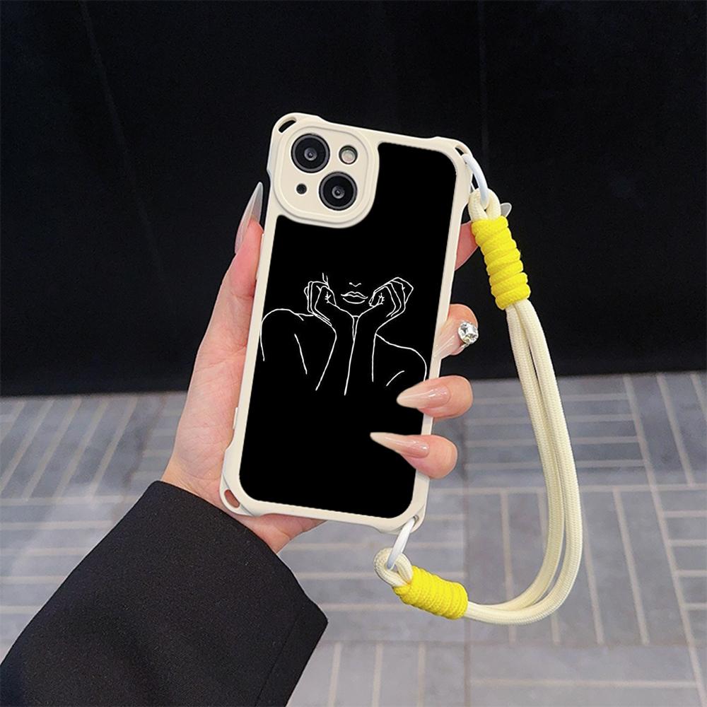 Ae79 Femme Framed Black Art Soft Phone Cases for iPhone 16 15 14 13 12 11 Pro Max 7 8 Plus XR XS with Wrist Strap Lanyard Corner Protection Back Cover