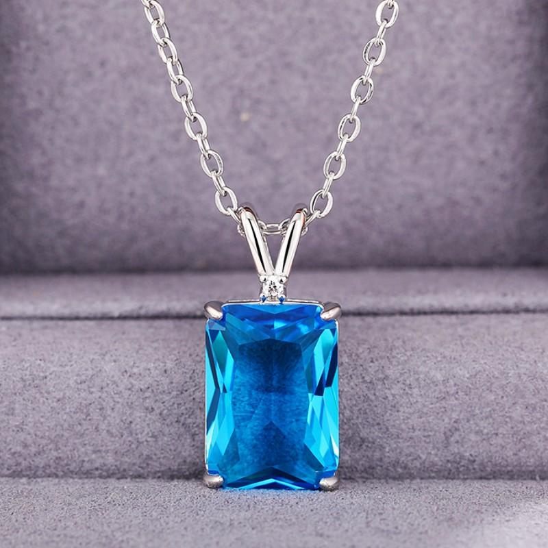 Huitan Blue Cubic Zirconia Pendant Necklace for Women Simple Luxury Bridal Wedding Party Neck Necklaces Gift New Arrival Jewelry