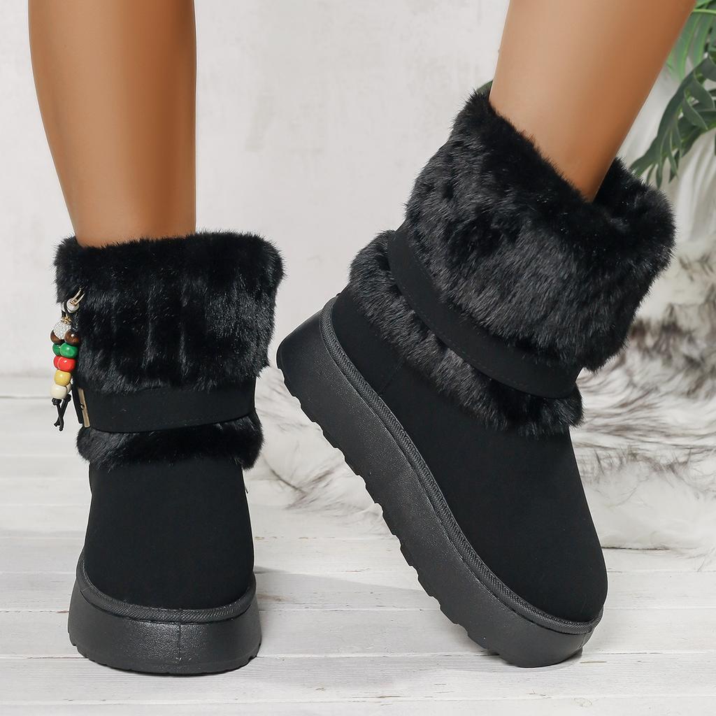 Women's Winter Fur One Plush Lining One Foot Stirrup Warm Cold Lightweight Hiking Waterproof Non-slip Fur Mouth Beaded Snow Boots Cotton Shoes